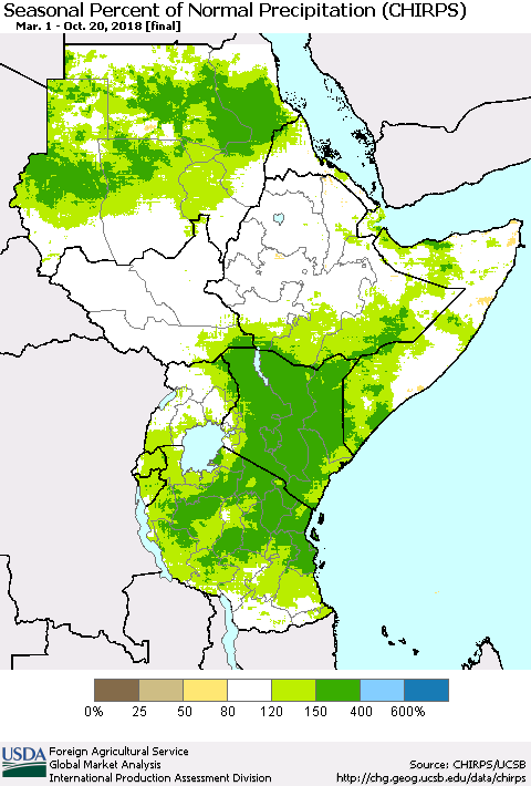 Eastern Africa Seasonal Percent of Normal Precipitation (CHIRPS) Thematic Map For 3/1/2018 - 10/20/2018