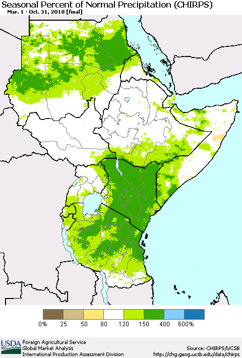 Eastern Africa Seasonal Percent of Normal Precipitation (CHIRPS) Thematic Map For 3/1/2018 - 10/31/2018