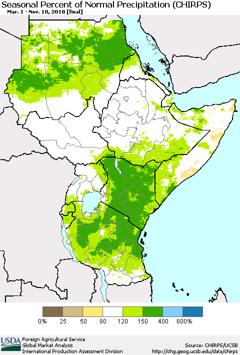 Eastern Africa Seasonal Percent of Normal Precipitation (CHIRPS) Thematic Map For 3/1/2018 - 11/10/2018