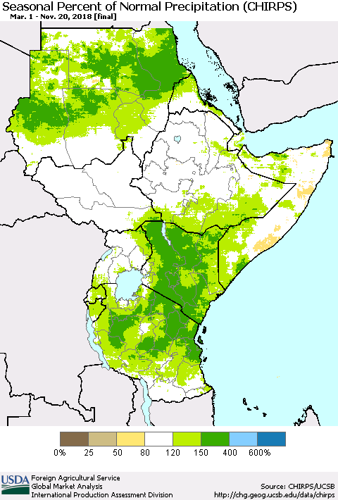 Eastern Africa Seasonal Percent of Normal Precipitation (CHIRPS) Thematic Map For 3/1/2018 - 11/20/2018