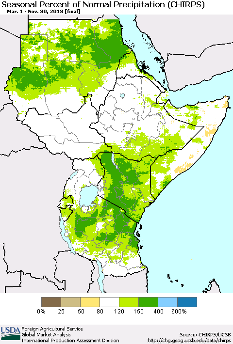 Eastern Africa Seasonal Percent of Normal Precipitation (CHIRPS) Thematic Map For 3/1/2018 - 11/30/2018