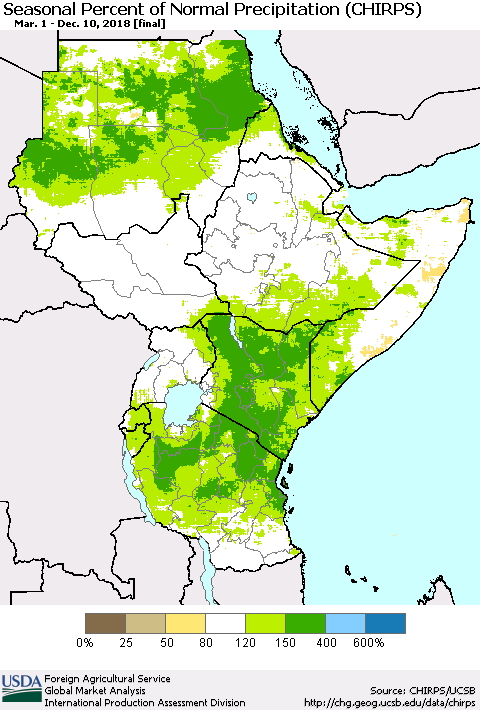Eastern Africa Seasonal Percent of Normal Precipitation (CHIRPS) Thematic Map For 3/1/2018 - 12/10/2018