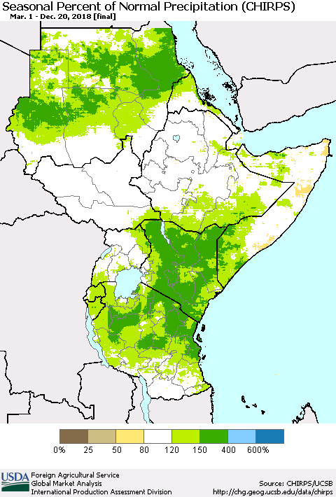 Eastern Africa Seasonal Percent of Normal Precipitation (CHIRPS) Thematic Map For 3/1/2018 - 12/20/2018