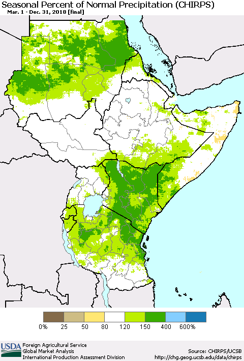 Eastern Africa Seasonal Percent of Normal Precipitation (CHIRPS) Thematic Map For 3/1/2018 - 12/31/2018