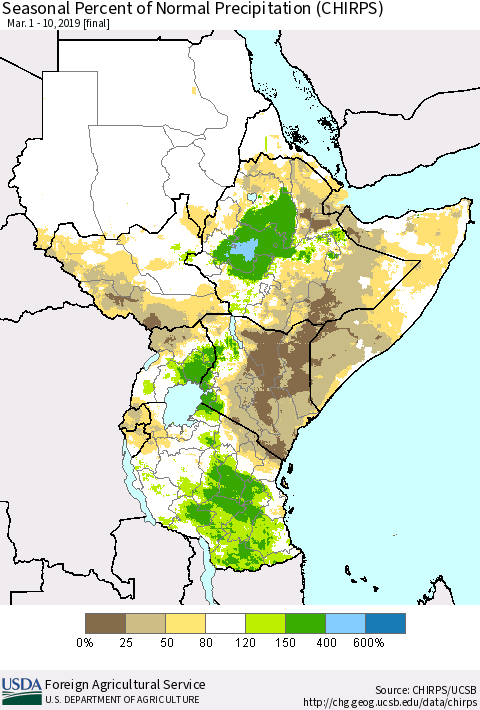 Eastern Africa Seasonal Percent of Normal Precipitation (CHIRPS) Thematic Map For 3/1/2019 - 3/10/2019