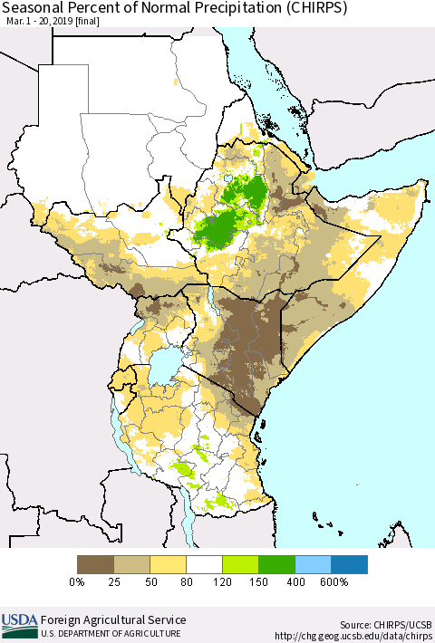 Eastern Africa Seasonal Percent of Normal Precipitation (CHIRPS) Thematic Map For 3/1/2019 - 3/20/2019