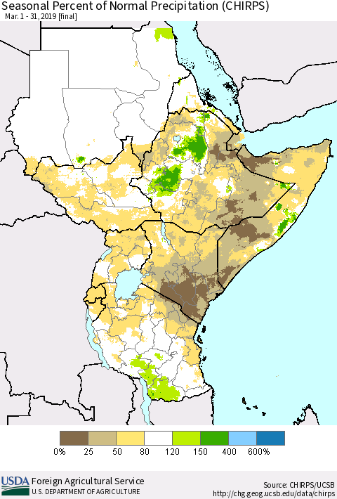 Eastern Africa Seasonal Percent of Normal Precipitation (CHIRPS) Thematic Map For 3/1/2019 - 3/31/2019
