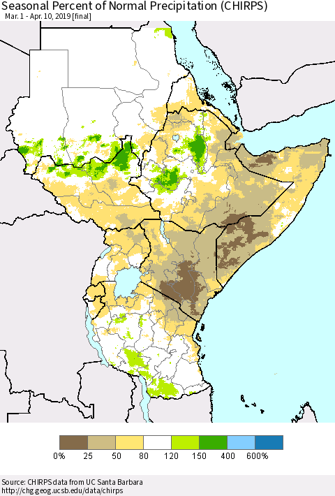 Eastern Africa Seasonal Percent of Normal Precipitation (CHIRPS) Thematic Map For 3/1/2019 - 4/10/2019