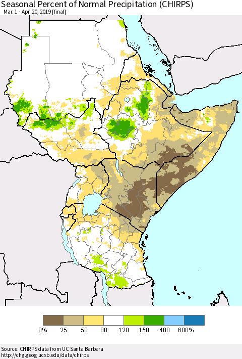 Eastern Africa Seasonal Percent of Normal Precipitation (CHIRPS) Thematic Map For 3/1/2019 - 4/20/2019