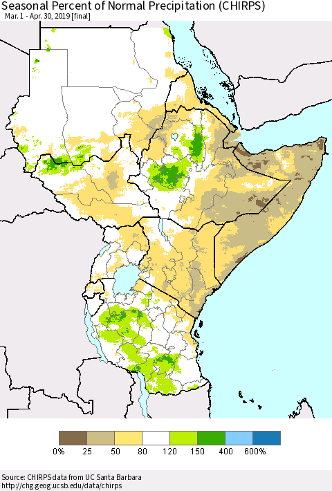 Eastern Africa Seasonal Percent of Normal Precipitation (CHIRPS) Thematic Map For 3/1/2019 - 4/30/2019
