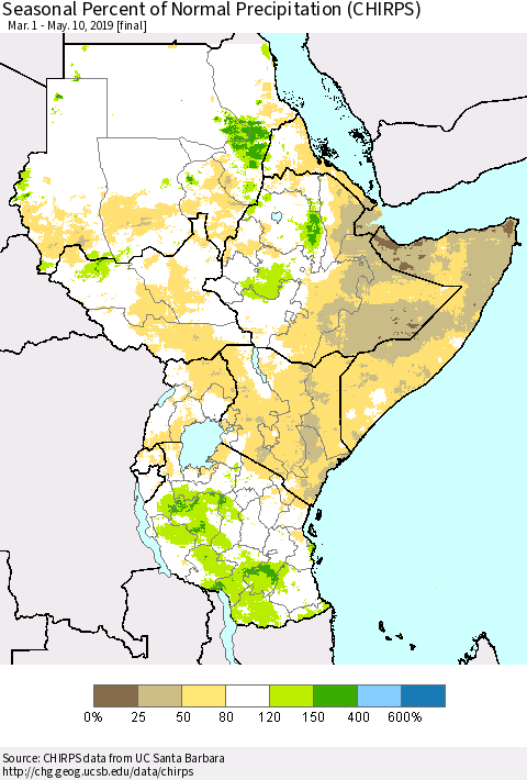Eastern Africa Seasonal Percent of Normal Precipitation (CHIRPS) Thematic Map For 3/1/2019 - 5/10/2019