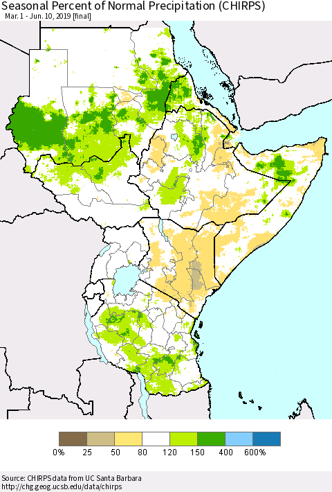 Eastern Africa Seasonal Percent of Normal Precipitation (CHIRPS) Thematic Map For 3/1/2019 - 6/10/2019