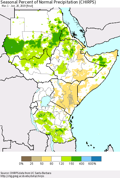 Eastern Africa Seasonal Percent of Normal Precipitation (CHIRPS) Thematic Map For 3/1/2019 - 6/20/2019