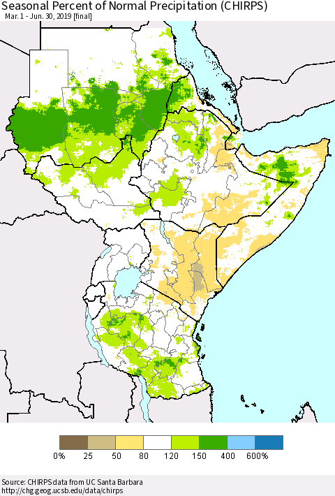 Eastern Africa Seasonal Percent of Normal Precipitation (CHIRPS) Thematic Map For 3/1/2019 - 6/30/2019