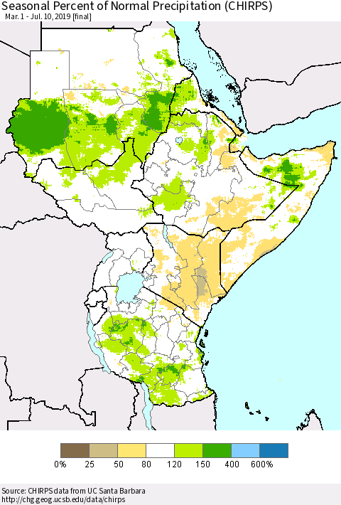 Eastern Africa Seasonal Percent of Normal Precipitation (CHIRPS) Thematic Map For 3/1/2019 - 7/10/2019