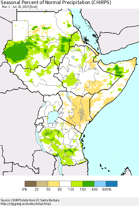 Eastern Africa Seasonal Percent of Normal Precipitation (CHIRPS) Thematic Map For 3/1/2019 - 7/20/2019
