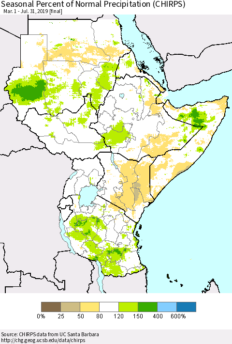 Eastern Africa Seasonal Percent of Normal Precipitation (CHIRPS) Thematic Map For 3/1/2019 - 7/31/2019