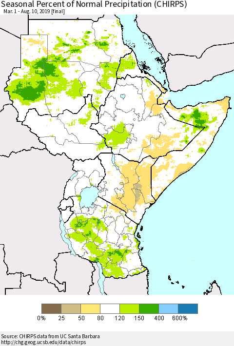 Eastern Africa Seasonal Percent of Normal Precipitation (CHIRPS) Thematic Map For 3/1/2019 - 8/10/2019
