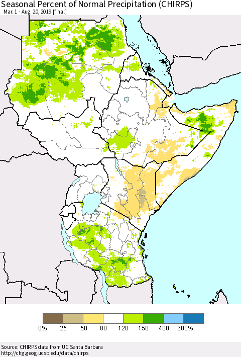 Eastern Africa Seasonal Percent of Normal Precipitation (CHIRPS) Thematic Map For 3/1/2019 - 8/20/2019