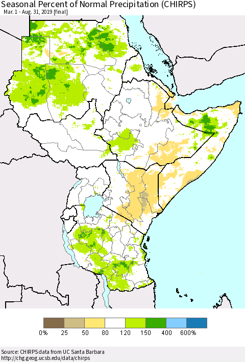 Eastern Africa Seasonal Percent of Normal Precipitation (CHIRPS) Thematic Map For 3/1/2019 - 8/31/2019