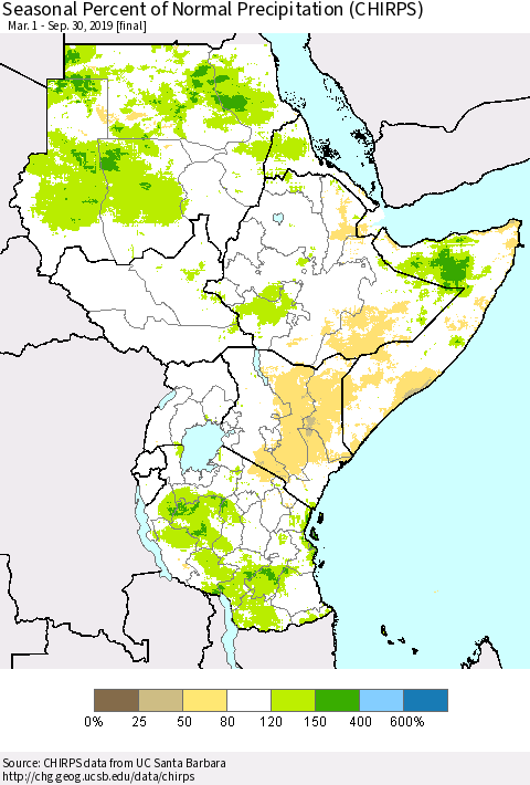 Eastern Africa Seasonal Percent of Normal Precipitation (CHIRPS) Thematic Map For 3/1/2019 - 9/30/2019