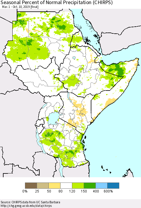 Eastern Africa Seasonal Percent of Normal Precipitation (CHIRPS) Thematic Map For 3/1/2019 - 10/10/2019