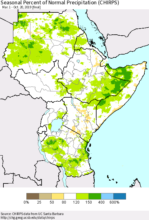 Eastern Africa Seasonal Percent of Normal Precipitation (CHIRPS) Thematic Map For 3/1/2019 - 10/20/2019