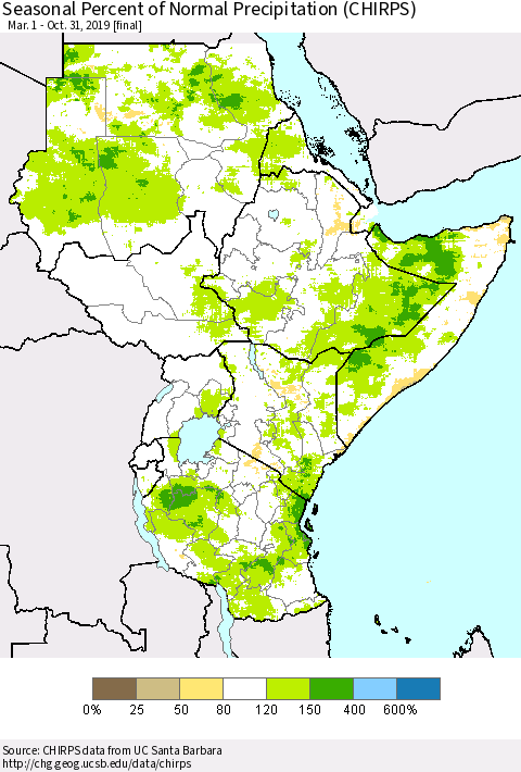 Eastern Africa Seasonal Percent of Normal Precipitation (CHIRPS) Thematic Map For 3/1/2019 - 10/31/2019
