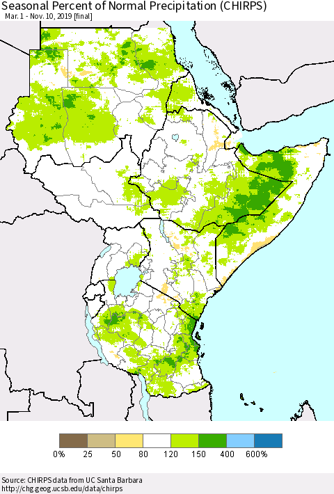 Eastern Africa Seasonal Percent of Normal Precipitation (CHIRPS) Thematic Map For 3/1/2019 - 11/10/2019