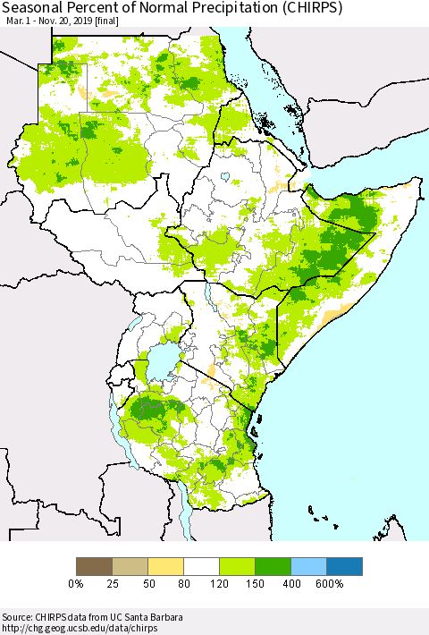 Eastern Africa Seasonal Percent of Normal Precipitation (CHIRPS) Thematic Map For 3/1/2019 - 11/20/2019