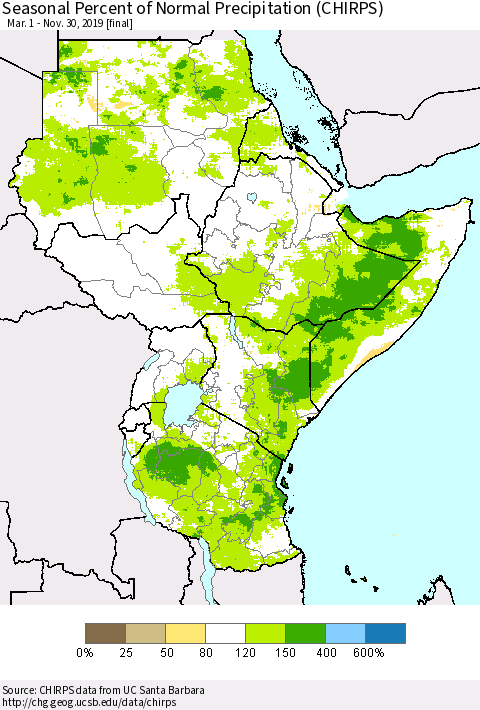 Eastern Africa Seasonal Percent of Normal Precipitation (CHIRPS) Thematic Map For 3/1/2019 - 11/30/2019