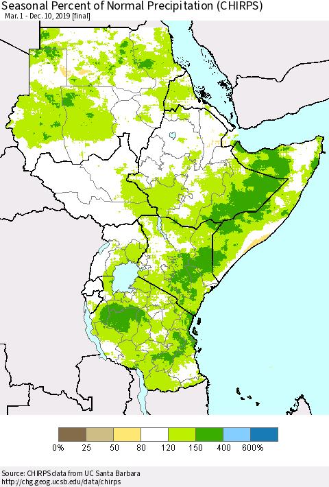 Eastern Africa Seasonal Percent of Normal Precipitation (CHIRPS) Thematic Map For 3/1/2019 - 12/10/2019