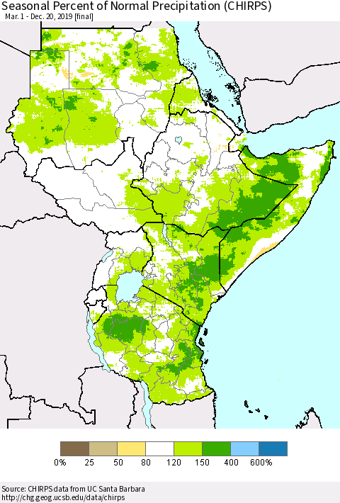 Eastern Africa Seasonal Percent of Normal Precipitation (CHIRPS) Thematic Map For 3/1/2019 - 12/20/2019