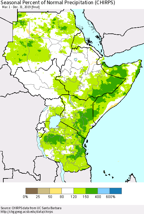 Eastern Africa Seasonal Percent of Normal Precipitation (CHIRPS) Thematic Map For 3/1/2019 - 12/31/2019