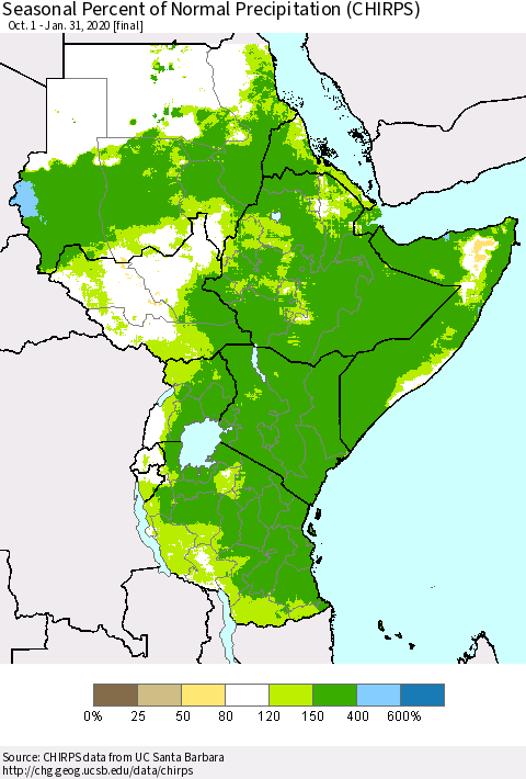 Eastern Africa Seasonal Percent of Normal Precipitation (CHIRPS) Thematic Map For 10/1/2019 - 1/31/2020
