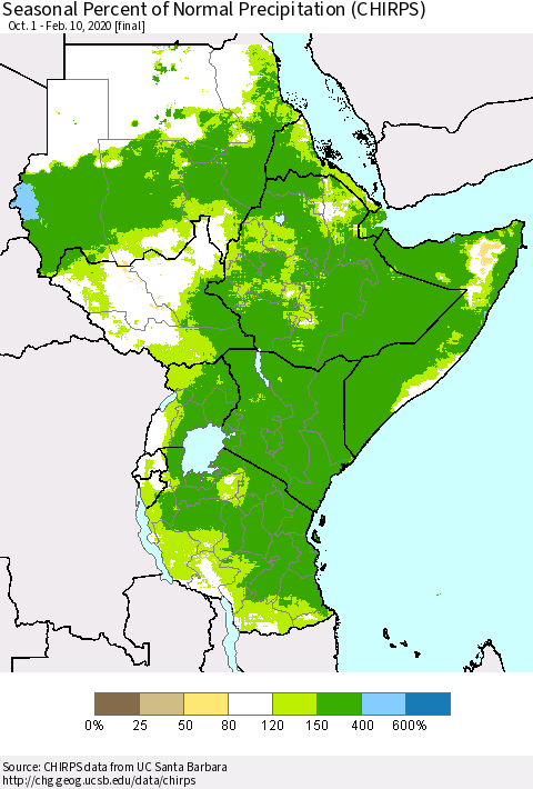 Eastern Africa Seasonal Percent of Normal Precipitation (CHIRPS) Thematic Map For 10/1/2019 - 2/10/2020
