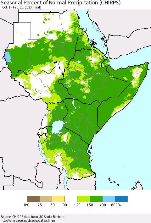 Eastern Africa Seasonal Percent of Normal Precipitation (CHIRPS) Thematic Map For 10/1/2019 - 2/20/2020