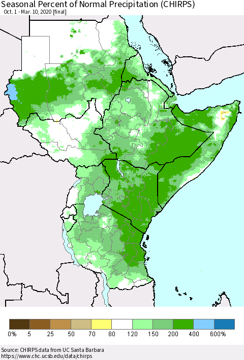 Eastern Africa Seasonal Percent of Normal Precipitation (CHIRPS) Thematic Map For 10/1/2019 - 3/10/2020