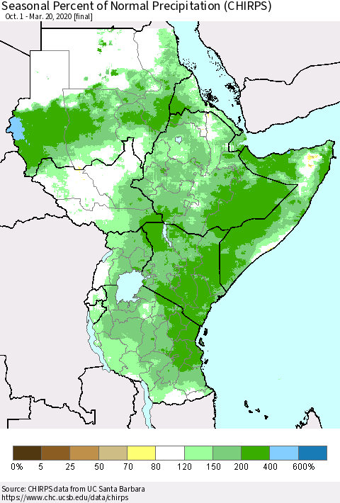 Eastern Africa Seasonal Percent of Normal Precipitation (CHIRPS) Thematic Map For 10/1/2019 - 3/20/2020