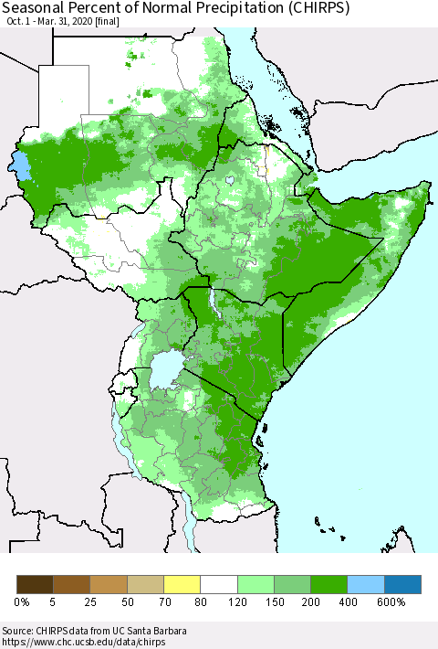 Eastern Africa Seasonal Percent of Normal Precipitation (CHIRPS) Thematic Map For 10/1/2019 - 3/31/2020