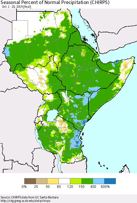 Eastern Africa Seasonal Percent of Normal Precipitation (CHIRPS) Thematic Map For 10/1/2019 - 10/20/2019