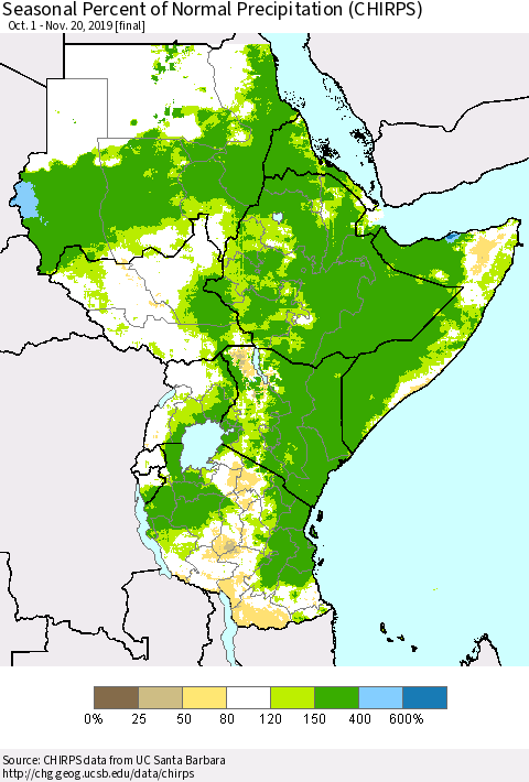 Eastern Africa Seasonal Percent of Normal Precipitation (CHIRPS) Thematic Map For 10/1/2019 - 11/20/2019