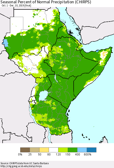 Eastern Africa Seasonal Percent of Normal Precipitation (CHIRPS) Thematic Map For 10/1/2019 - 12/10/2019