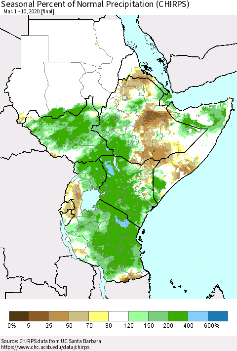 Eastern Africa Seasonal Percent of Normal Precipitation (CHIRPS) Thematic Map For 3/1/2020 - 3/10/2020