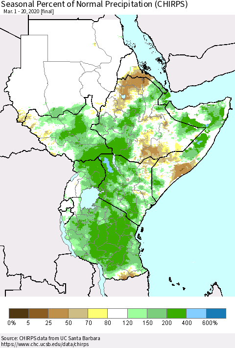 Eastern Africa Seasonal Percent of Normal Precipitation (CHIRPS) Thematic Map For 3/1/2020 - 3/20/2020