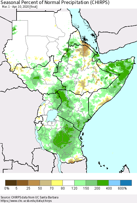 Eastern Africa Seasonal Percent of Normal Precipitation (CHIRPS) Thematic Map For 3/1/2020 - 4/10/2020