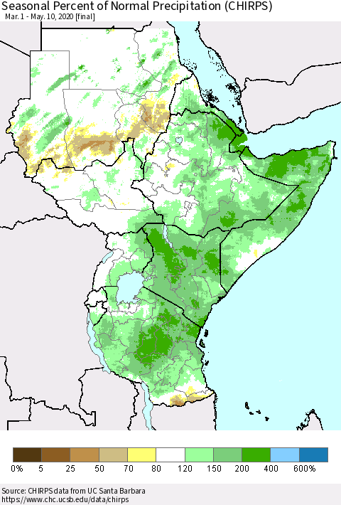 Eastern Africa Seasonal Percent of Normal Precipitation (CHIRPS) Thematic Map For 3/1/2020 - 5/10/2020