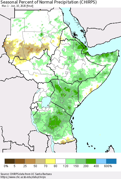 Eastern Africa Seasonal Percent of Normal Precipitation (CHIRPS) Thematic Map For 3/1/2020 - 6/10/2020