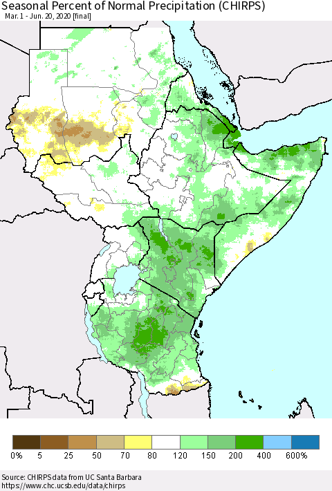 Eastern Africa Seasonal Percent of Normal Precipitation (CHIRPS) Thematic Map For 3/1/2020 - 6/20/2020