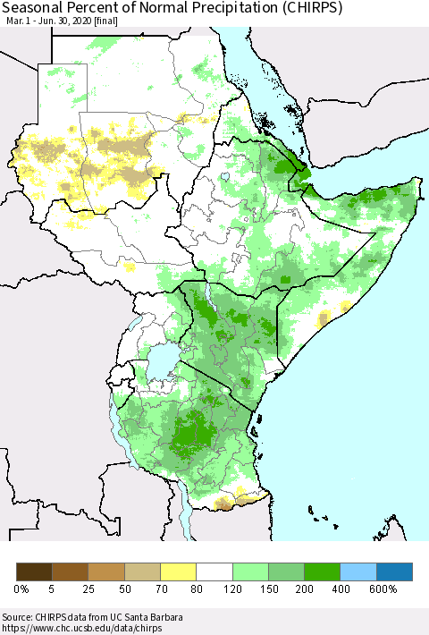 Eastern Africa Seasonal Percent of Normal Precipitation (CHIRPS) Thematic Map For 3/1/2020 - 6/30/2020